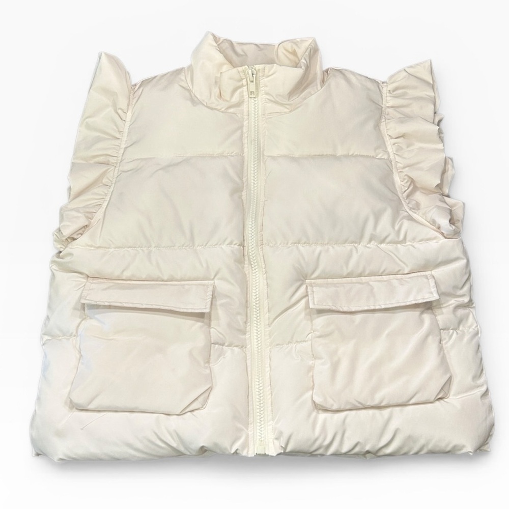 Jodifl Ruffle Sleeve Full Zip Puffer Vest Cream Pockets Size Large - Picture 2 of 11